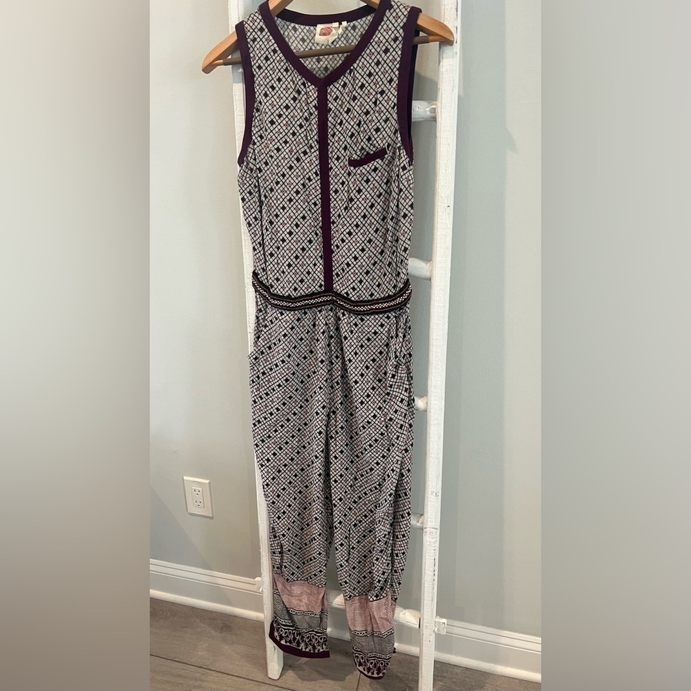 Lilka Anthropologie linen blend patterned beaded belt pocketed jumpsuit small